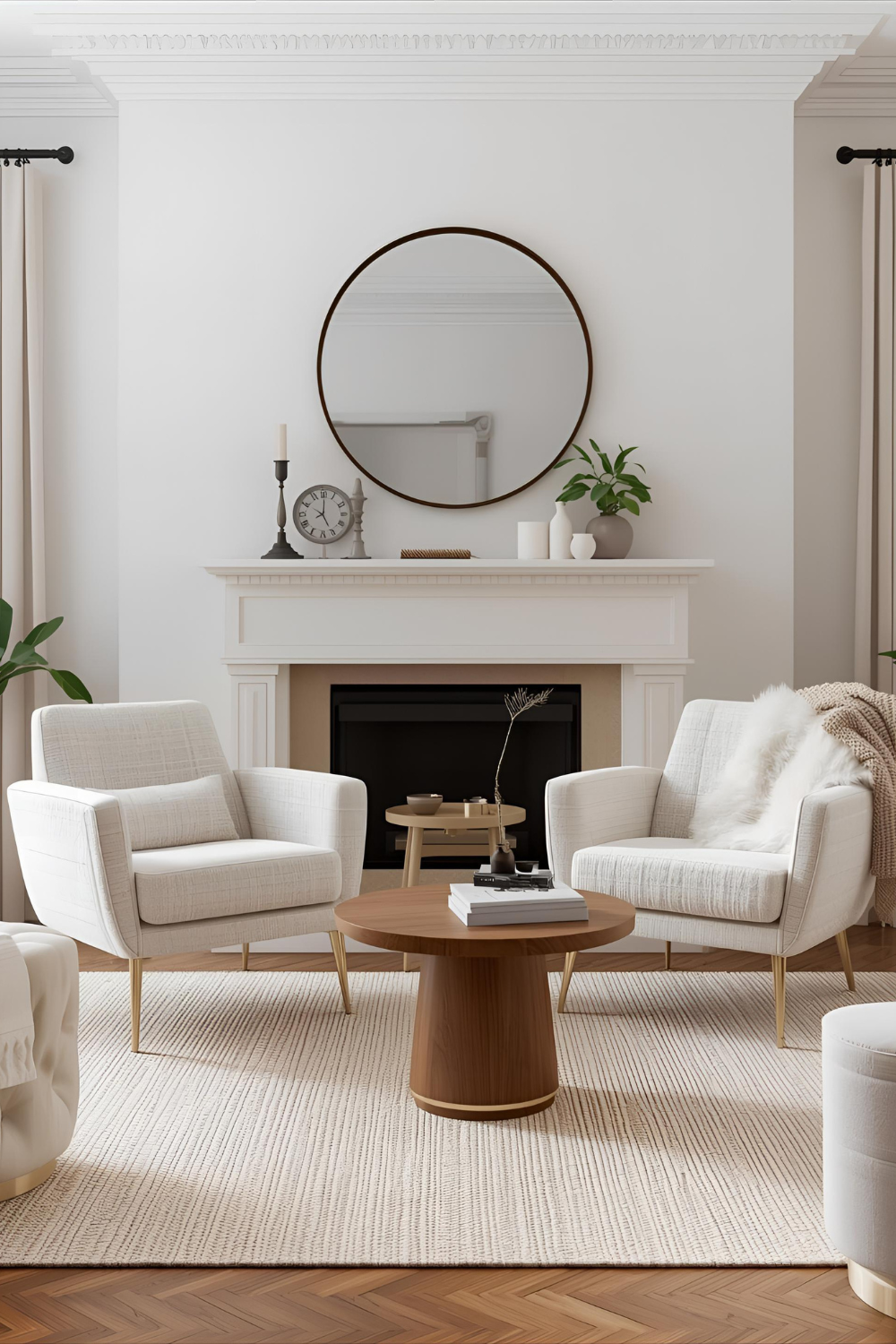 Stylish living room featuring 
      two white armchairs in front of a classic fireplace, round wooden coffee table, and neutral rug. The minimalist Scandinavian design combines warmth and elegance with clean lines.